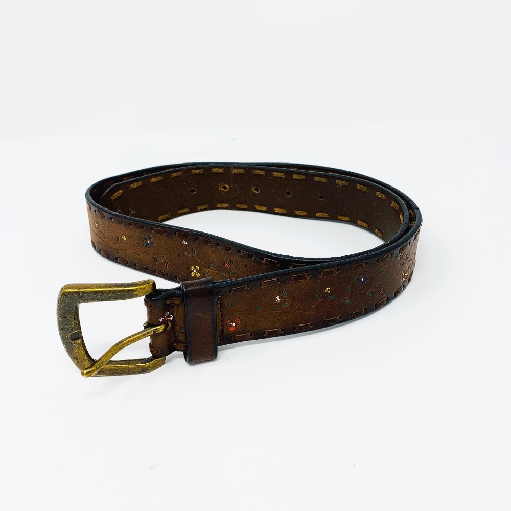 Fossil Boho Floral Painted  Brown Leather Belt